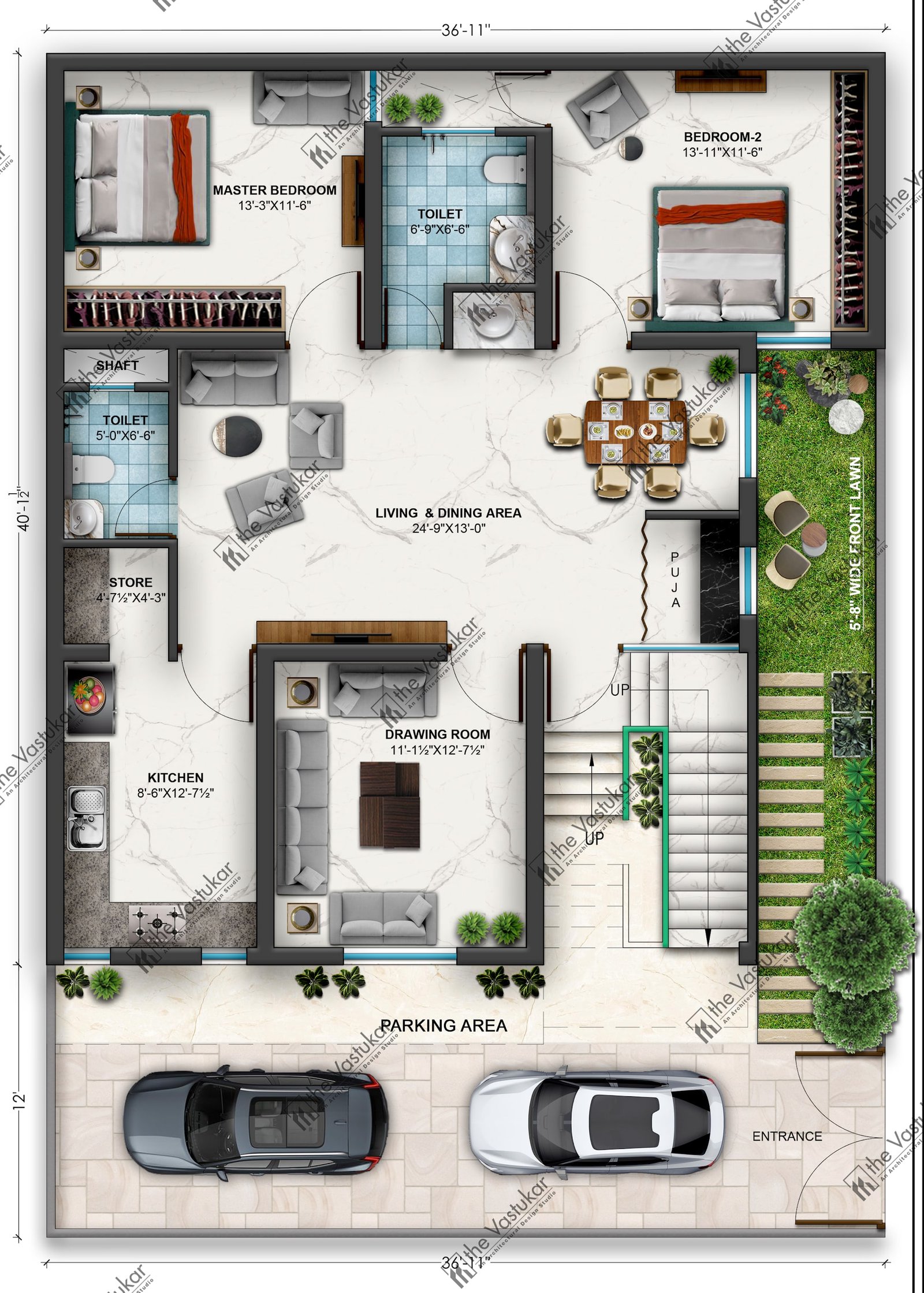 Rendered residential floor plan by The Vastukar